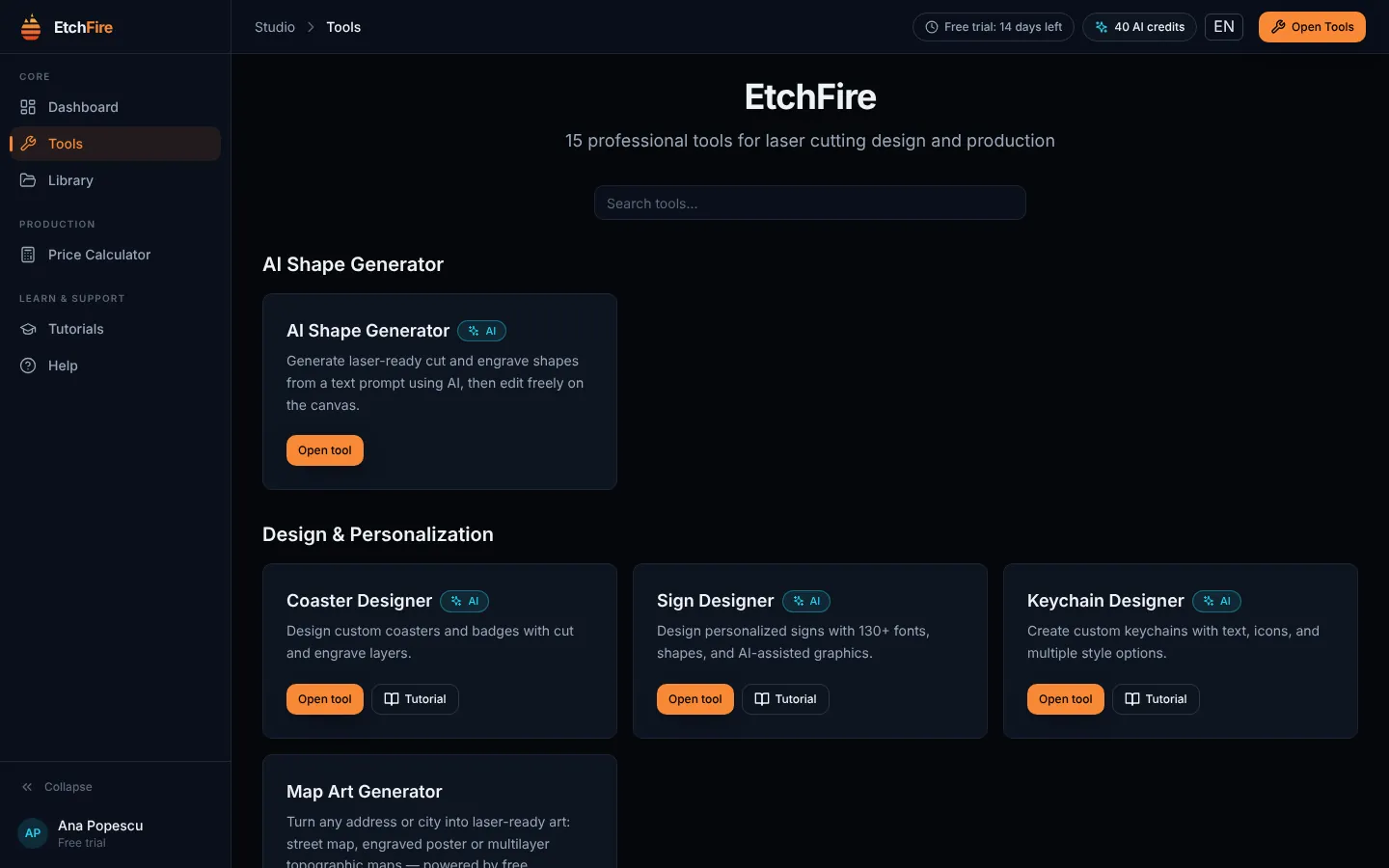 The EtchFire app with the list of tools